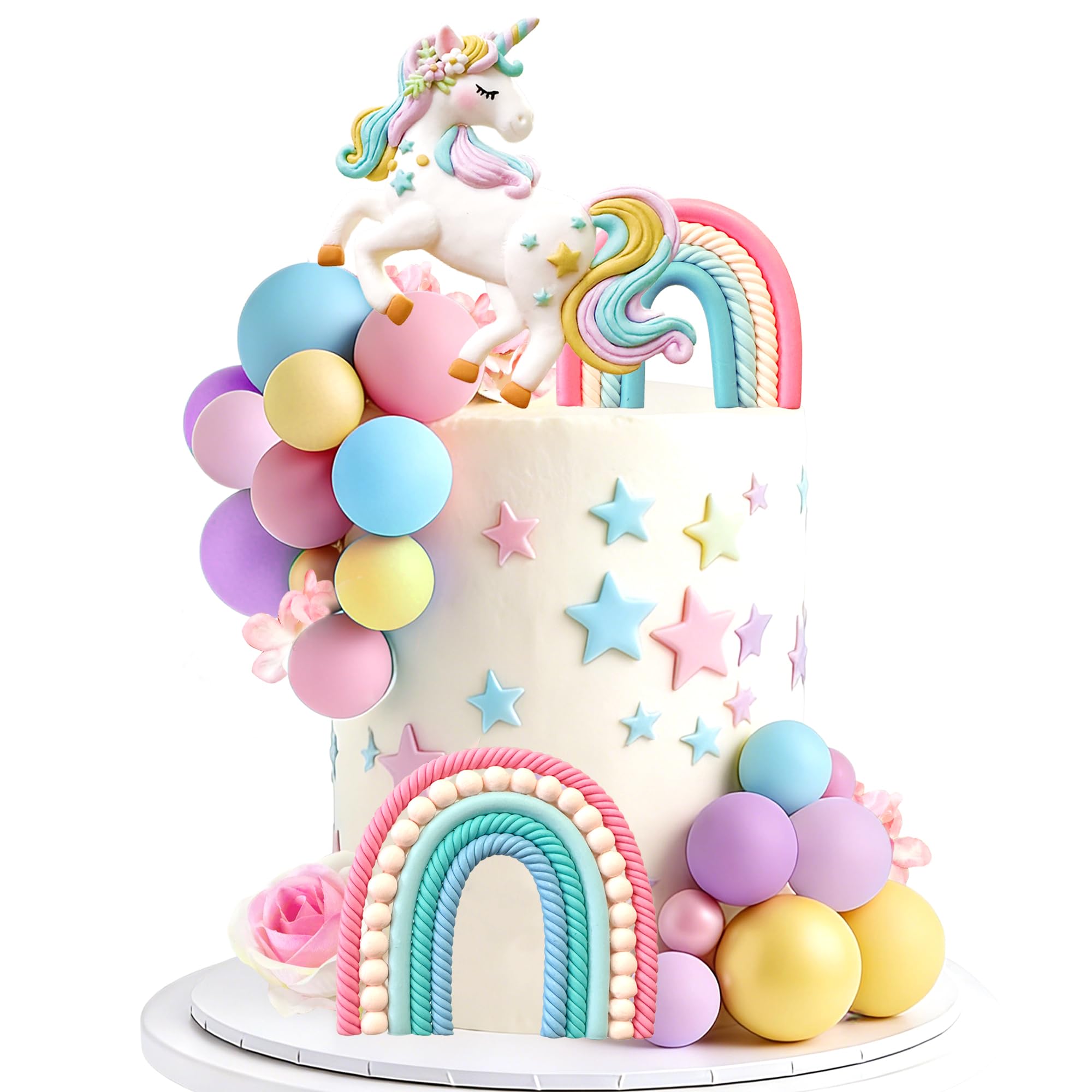 Unicorn Cake Topper Rainbow Flower Cake Decorations, Flowers Balls Decor for Girls Boys Birthday Party Boho Rainbow Unicorns Theme Party Supplies