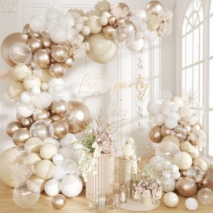 White Sand Metallic Champagne Gold Balloons Garland Arch Kit,152PCS White Neutral Balloons with Clear Balloons for Birthday Wedding Baby Shower Bridal Shower Engagement Anniversary Decoration