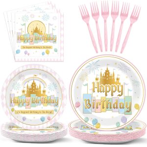 96 Pcs Princess Castle Birthday Party Plates and Napkins Happiest Theme Party Supplies Princess Castle Paper Dessert Plates Pastel Rainbow Tableware for Kids Birthday Baby Shower Decoration Serve 24