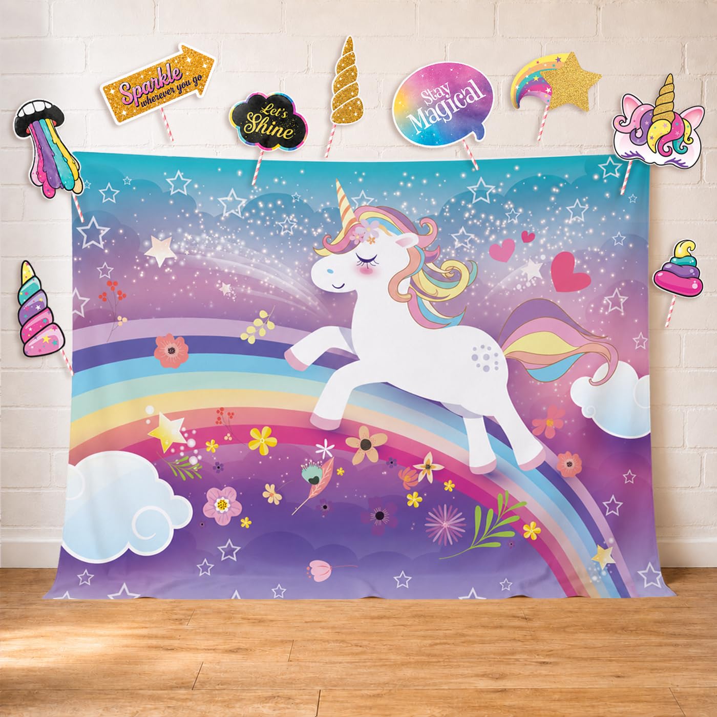 Magical Unicorn Theme Photography Backdrop and Studio Props. Great as Birthday Photo Booth Background, Girls Rainbow Banner Party Supplies and Princess Baby Shower Decorations