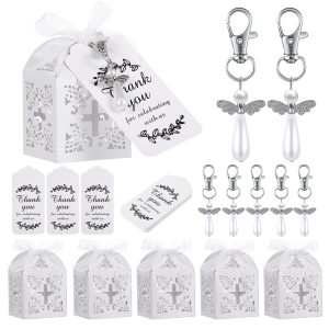 Outus 60 Pcs Baptism Party Favors 20 Angel Keychain Shower Favors 20 Baptism Favor Boxes 20 Thank You Favor Tags Baby Shower Party Gift for First Communion(White)