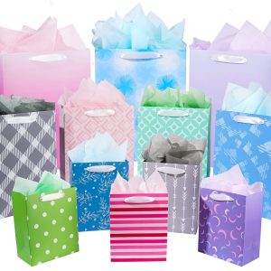 Plauthus 12 Pack Gift Bags Assorted Sizes and Designs with Tissue Paper