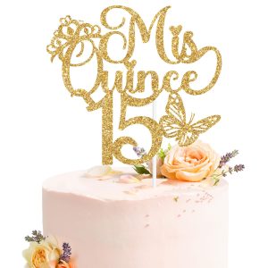 Mis Quince 15 Cake Topper, Mis Años 15, Feliz 15 Años, Cheers to 15 Years, Happy 15th Birthday Party Decorations Gold Glitter