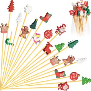 100 Pack Christmas Cocktail Picks Party Supplies, 15 Kinds of Toothpicks for Appetizers, 5.1 Inch Natural Bamboo Tree Cocktail Picks Charcuterie Drink Stirrers Skewers Holiday Decorations Decor
