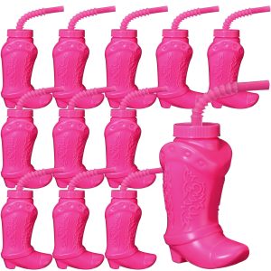 Hoolerry 12 Pcs Cowboy Boot Cups with Lids and Straws, Hot Pink