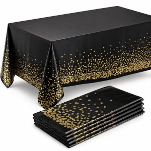 Prestee 4 Pack Gold and Black Table Cloth Rectangle Table Covers 54 x 108 Inches - Plastic Table Cloth Disposable for Parties, Dining and Events - Black Tablecloths for Weddings and Celebrations