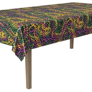 Beistle Mardi Gras Tablecovers, 2-Count Rectangular Plastic Party Tablecloths in Green Golden Yellow and Purple, Disposable Table Covers for Parades and Fat Tuesday Celebrations, 54" x 108"
