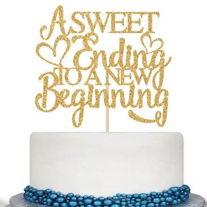 A Sweet Ending to A New Beginning Cake Topper, The Adventure Begins, Wedding/Retirement/Graduation/Farewell Party Decorations, Gold Glitter
