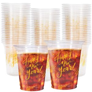 Whaline 50Pcs 12oz Happy New Year Disposable Cups Gold Plastic Party Cups New Year Eve Clear Plastic Glasses for Winter Holiday Drinks Party Supplies