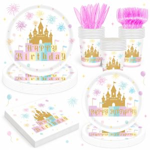 120Pcs Princess Castle Birthday Party Decorations,Pink Princess Birthday Themed Tableware,Includes Rainbow Gold Castle Paper Plates,9oz Cups,Napkins for Girls Birthday Party Supplies,Serves 20