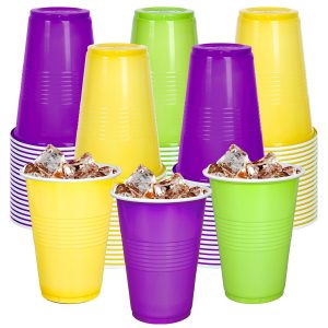 JarThenaAMCS 150Pcs 16oz Mardi Gras Plastic Cups Green Purple Yellow Disposable Drinking Cups Stackable Party Cup for Carnival Masquerade Event Party Supplies