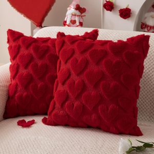 DFXSZ Valentines Pillow Covers 18x18 inch Set of 2 Valentines Day Decoration Red Heart Soft Plush Faux Fur Jacquard Throw Pillows for Bedroom Sofa Holiday Festivals Home Decor PTK017A18