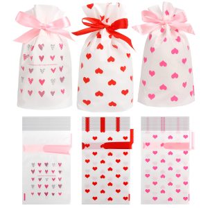DIYASY Valentine's Day Small Drawstring Candy Gift Bags,36 Pcs Pink Red Heart Plastic Treat Bags for Wedding and Valentine Party Favors