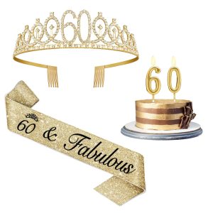 60th Birthday Decorations for Women Gold with Sash and Tiara, Gold Number Candles, 60th Birthday Gifts for Women