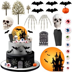 Hooqict 24Pcs Happy Halloween Cake Decorations Set with Mini Skeleton, Tombstone, Pumpkin, Bat, Skull and Eyeballs Cake Toppers & Cupcake Toppers for Halloween Birthday Party Decor Supplies