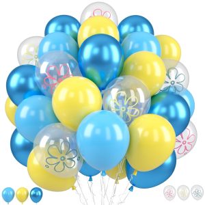 Blue and Yellow Balloons 50PCS 12 Inch Flower Print Metallic Balloons