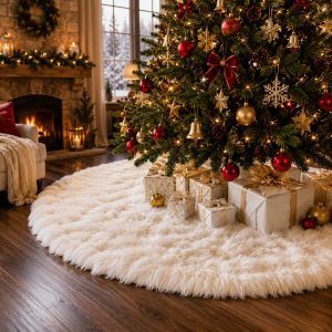 YEAHOME Christmas Tree Skirt, 60” Large White Tree Skirts with Soft Faux Fur Plush for Christmas Tree Decorations, White Christmas Tree Skirts Xmas Decorations for Indoor Holiday Party Decor