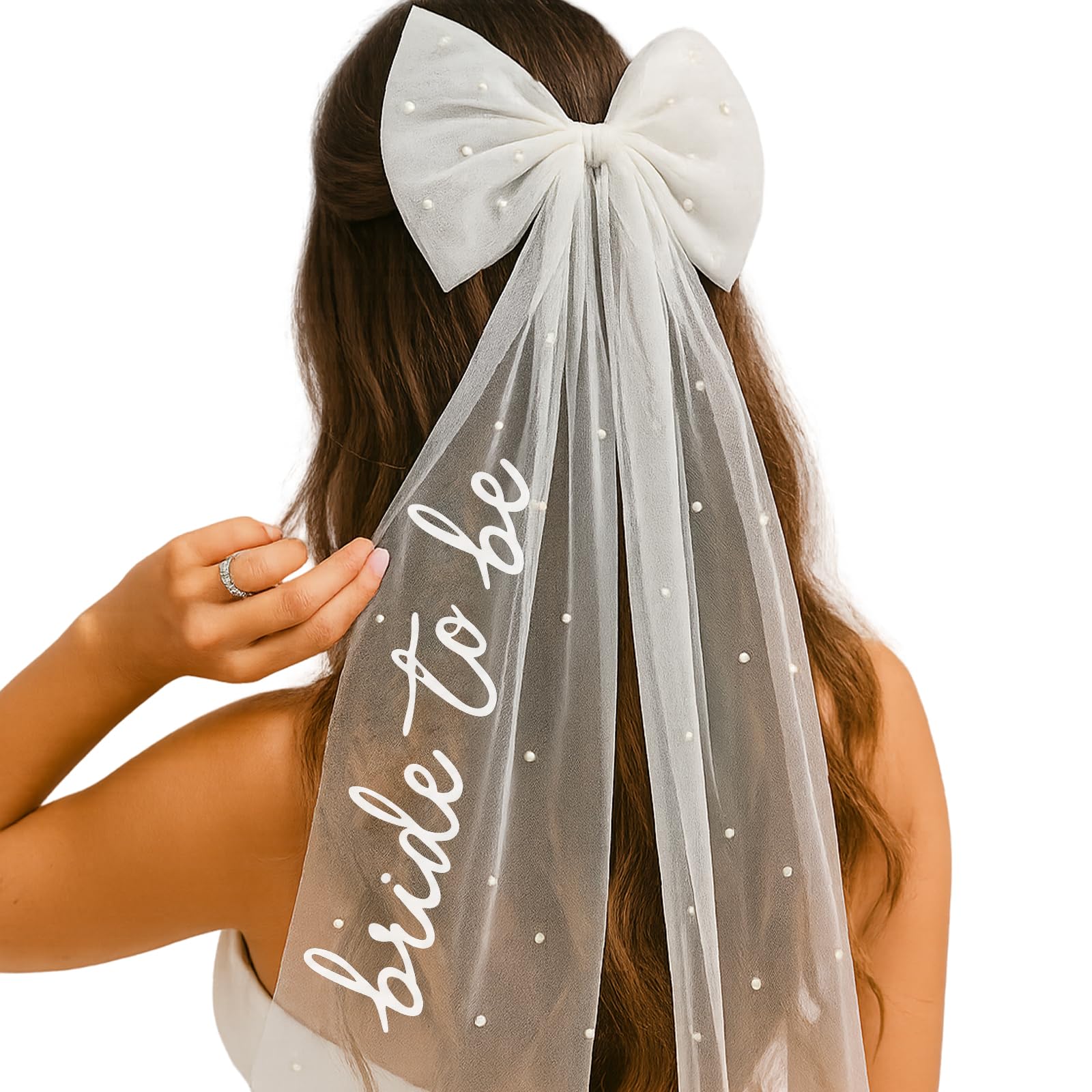 Bride to Be Bow Veil with Pearls, TWPER White Bridal Hair Bow Clip with Veil for Bachelorette Party, Bridal Shower, Wedding Morning, Engagement Photo Accessory