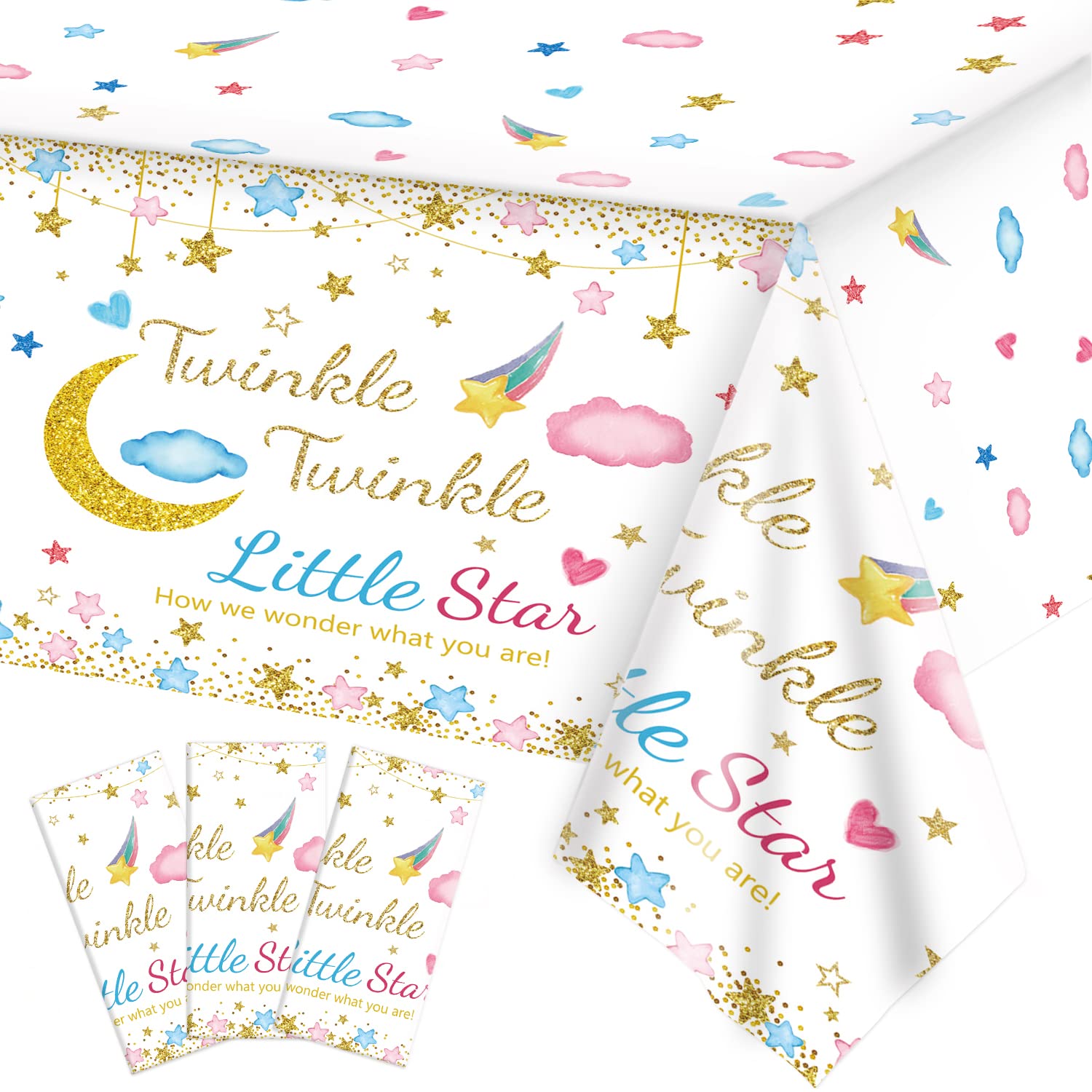 Oigco 3 Packs Twinkle Twinkle Little Star Gender Reveal Party Decorations Tablecloths,Pink Blue Little Star Gender Reveal Tablecloth for Baby Shower Supplies, 54" x 108"