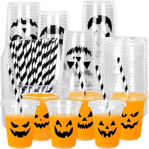 Whaline 60Pcs Halloween Plastic Cups with Lids Straws, 12oz, 6 Designs
