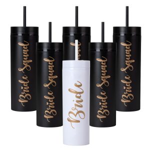 6 Pack Bride to Be Skinny Tumbler | 16 oz Bride Squad Tumblers | Bachelorette Party Cups | Engagement Wedding Gifts Bridesmaids Mugs & Party Supplies (Black)