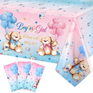 Capoda 3 Pcs Bear Gender Reveal Table Covers Plastic Rectangle