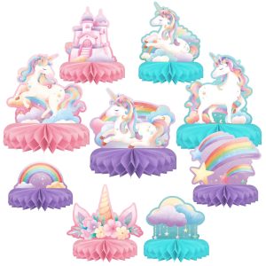 Unicorn Birthday Party Supplies Set - Rainbow Table Decorations with Honeycomb Centerpiece for Unicorn Party Decorations