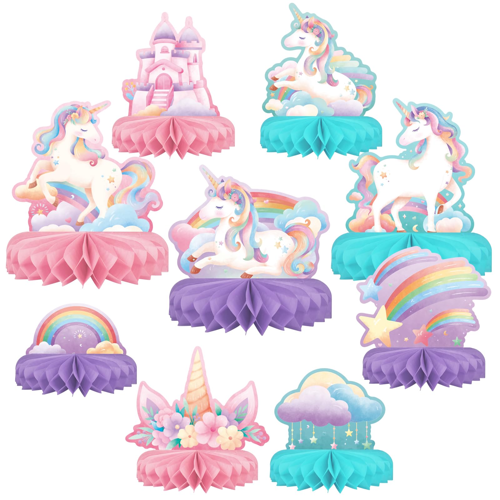 Unicorn Birthday Party Supplies Set - Rainbow Table Decorations with Honeycomb Centerpiece for Unicorn Party Decorations