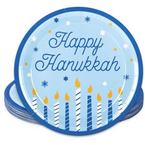 Whaline 24Pcs Happy Hanukkah Paper Plate Blue Candle Star Disposable Dinner Plate Chanukah Tableware Plates for Party Supplies Table Decor, 9 Inch