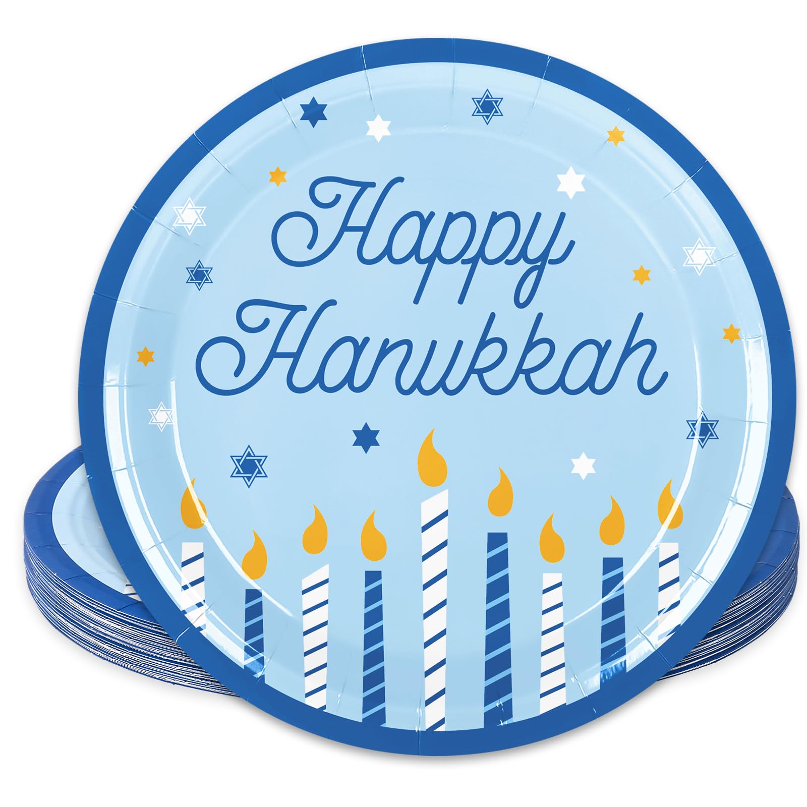 Whaline 24Pcs Happy Hanukkah Paper Plate Blue Candle Star Disposable Dinner Plate Chanukah Tableware Plates for Party Supplies Table Decor, 9 Inch