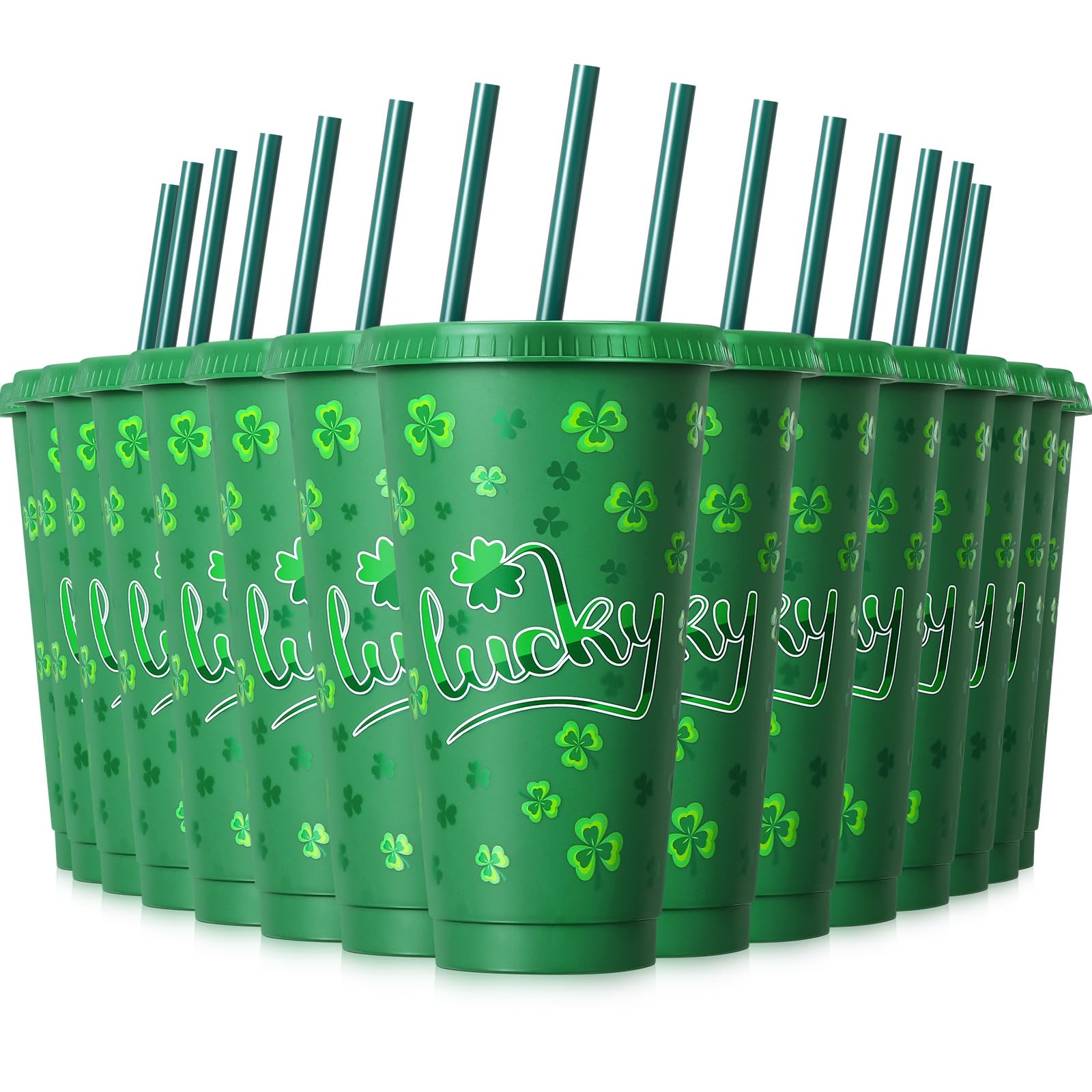 Potchen 12 Pcs St. Patrick's Plastic Cups 24 oz Irish Shamrock Reusable Tumbler with Lids and Straws Green Drinking Juice Cups for St. Patrick's Party Supplies