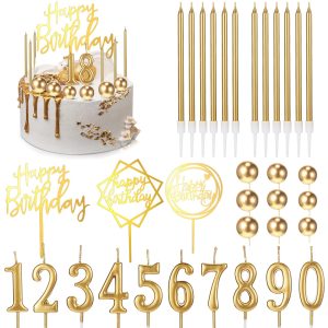 Yerliker 34 Pcs Happy Birthday Cake Toppers Candles,Gold