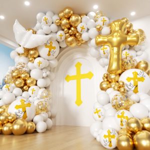 PTGOLUO First Communion Balloon Garland Kit 160Pcs, Baptism Balloon, First Holy Communion Decorations, Different Size White and Gold Balloon Arch Kit for First Holy Communion Baptism Theme Party Decor