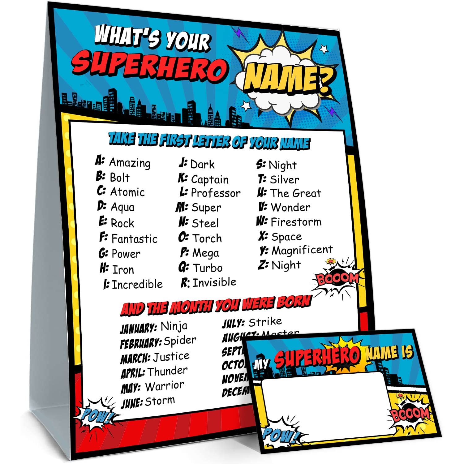What is Your Superhero Name Game, Game Sign and 30 Cards, Superhero Birthday Party Sign for Boys, Holiday Activity, Kids Superhero Activity Cards, Superhero Activity Decoration Supplies