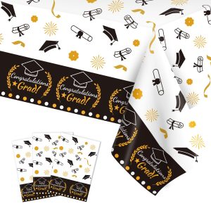 Graduation Decorations 2027, 3 Pack Black Gold Plastic Graduation Tablecloths Disposable, Grad Table Party Decorations Class of 2027 Grad Table Cloths Covers Decor Party Supplies Favors Ideas