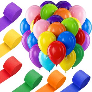 Fecedy Assorted Rainbow 36pcs Latex Balloons 12 inch Round and Rainbow Colorful Crepe Paper Streamers 6 Rolls 492ft for Birthday,Baby Shower,Wedding,Bridal Shower,Rainbow Party Decorations