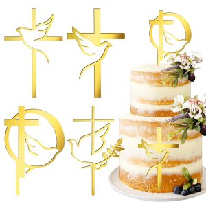 4 pcs Baptism Cake Toppers Acrylic Gold Dove Cross Cupcake Toppers