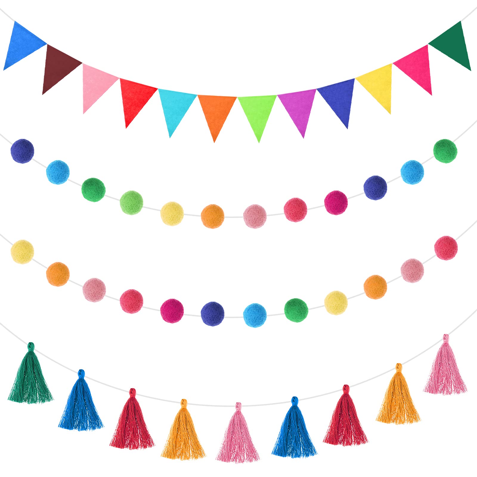 Irenare 4 Pcs 9.8 ft Pom Pom Garland Pennant Triangle Banner Flags, Rainbow