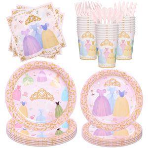 Zizzy Zuzim 175Pcs Princess Paper Plates Napkins, Princess Themed Birthday Party Decorations Pink Party Supplies Disposable Dinnerware Set Plate, Utensils, Cup, Napkin, Tableware Set, Serve 25 Guests