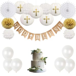 CHRORINE First Communion Banner Kit, Baptism Decorations for Boys Girls, First Communion Confirmation Decorations,God Bless Banner and White Decorations - White Set
