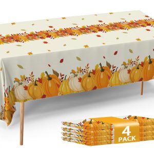 ATFUNSHOP Fall Plastic Tablecloth 4 Packs Thanksgiving Disposable Table Cloth 54x108 Rectangle Table Cover with Pumpkin & Maple Leaf for Holiday Dinner Party Decorations Outdoor Picnic & Baby Showers