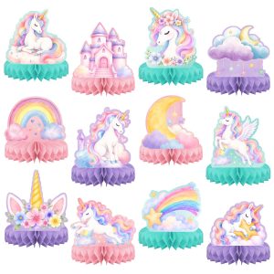 Actilize 12Pcs Birthday Decorations Rainbow Unicorn Honeycomb Centerpieces