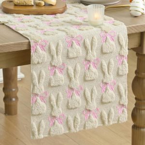Artoid Mode Beige Soft Plush Faux Fur Jacquard Bunny Bow Easter Table Runner, Spring Holiday Kitchen Dining Table Decoration for Home Party Decor 13x72 Inch