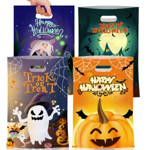 50 Pcs Halloween Goodie Bags with Handles - Happy Halloween Treat Bags, Trick or Treat Gift Bag Bulk, Plastic Helloween Tote Candy Goody Favor Bags for Kids Helloween Party Decorations Favors Supplies