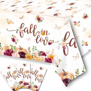 HAKOTI Fall Bridal Shower Decorations - 3PCS Maple Leaf Floral Disposable Plastic Rectangular Tablecloth Perfect for Engagements, Bridal Showers, Weddings