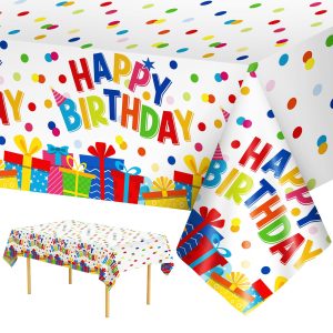 3 Pack Polka Dot Birthday Tablecloth - Happy Birthday Decorations Table Cloth, Disposable Plastic Colorful Rainbow Dots Table Cover for Kids Adults Indoor Outdoor Bday Party Supplies, 54 x 108 Inches