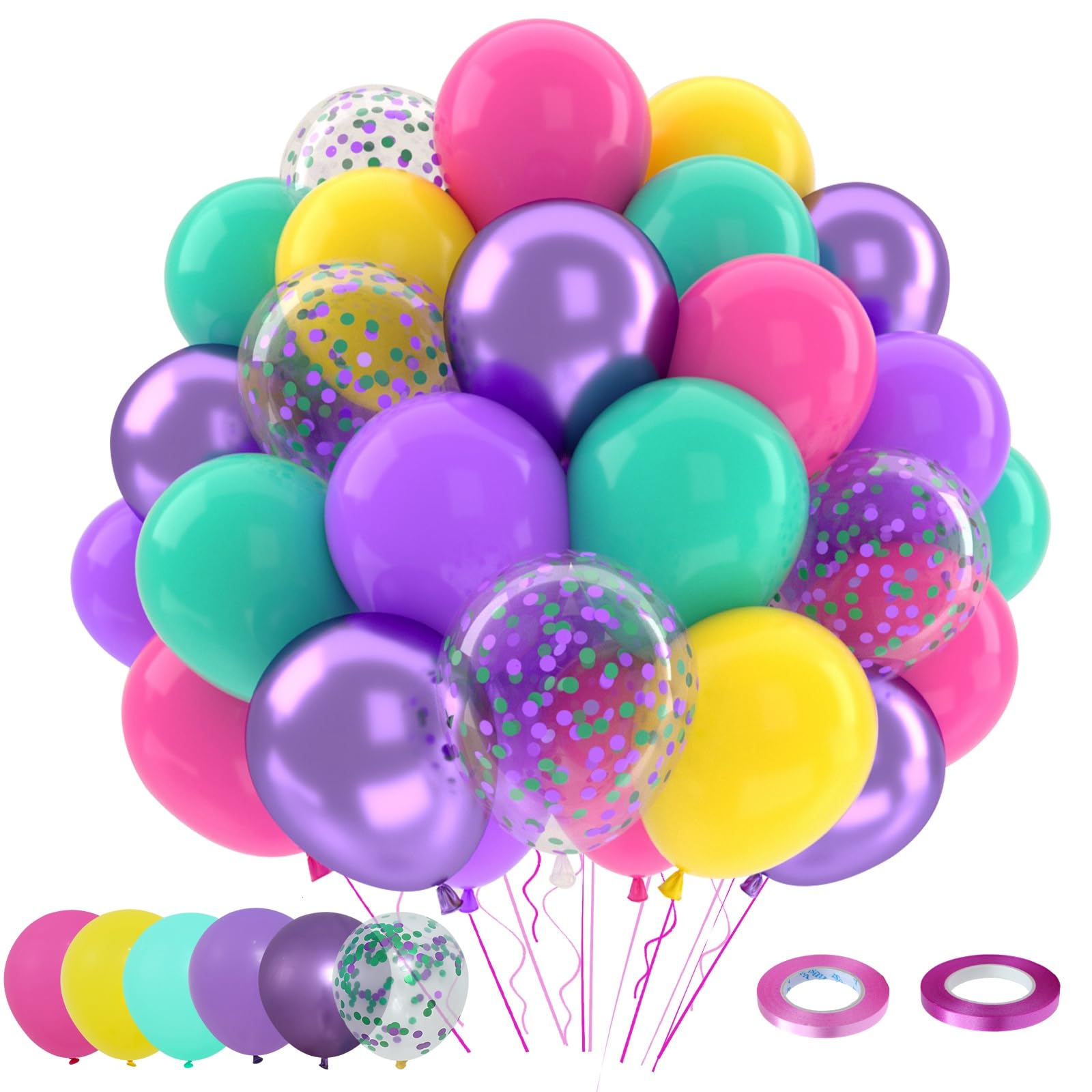 Patimate Birthday Balloons Set, 50 pcs 12 inch Hot Pink Metallic Purple Yellow Teal Confetti Latex Balloons Kit for Kid's Birthday Baby Shower Magic Theme Party Decorations