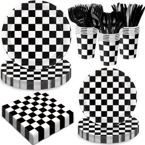 Oigco 168 PCS Race Car Birthday Party Decorations with Checkered Flag Plates, Cups, Napkins, Cutlery for Cars Birthday Decorations, Serves 24