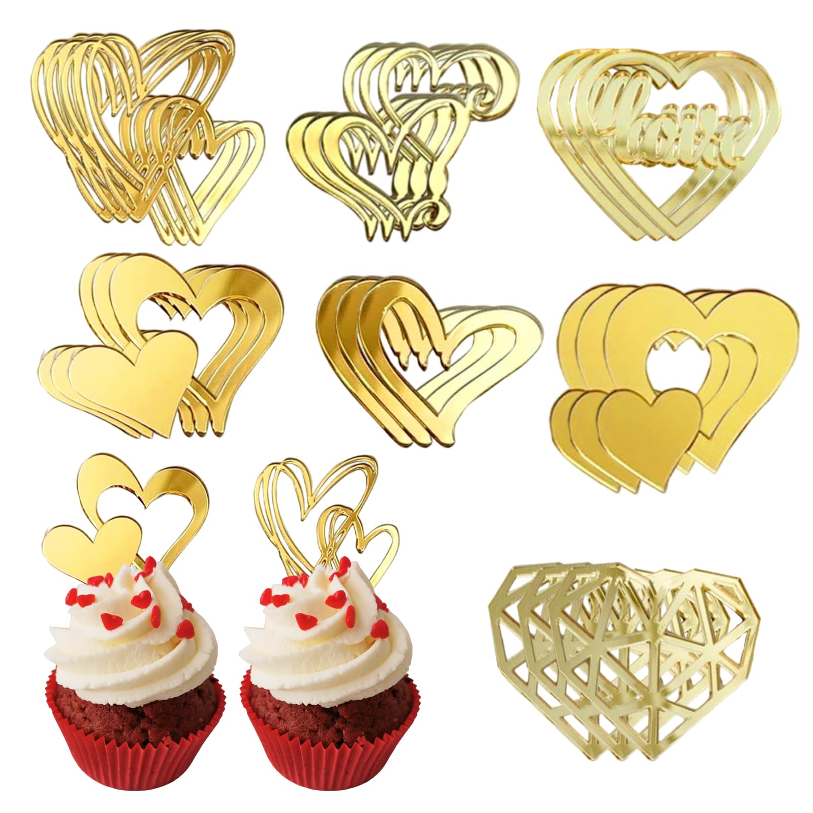 27 Pcs Love Heart Cupcake Toppers Acrylic Cake Topper Minimalist Gold Cake Decorations for Valentine's Day Anniversary Engagement Birthday Wedding Party Supplies