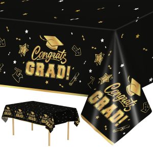 2 Pack Graduation Tablecloth - Congrats Grad Table Cloths, Plastic Disposable Rectangle Black Gold Class of 2026 Table Cover for Graduation Tables Decorations Party Decor Supplies Favors,108 x 54 Inch